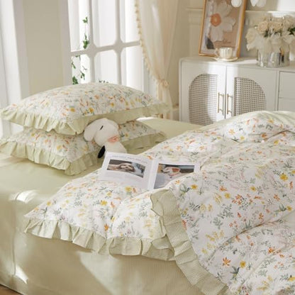 mixinni 100% Cotton Duvet Cover Set King, Reversible Spring Floral Ruffle Green Striped Bedding for Girls, French Country Cottagecore Aesthetic 3PC Duvet Cover with Zipper Closure & Pillowcases