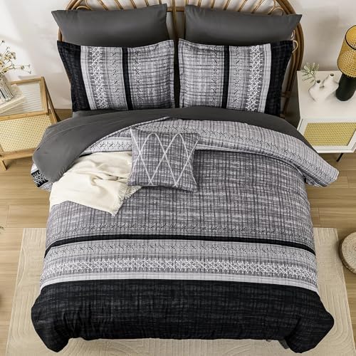 Dintszyayue Black Comforter Set Full Size, 8 Pieces Boho Striped Bed in a Bag Soft Microfiber Bedding Set for All Season