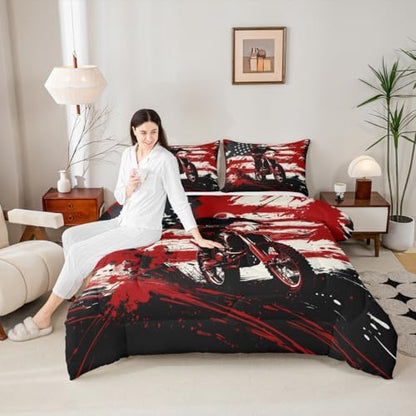 Feelyou Motocross Bedding Set Soft for Boys Girls,American Flag Pattern Comforter Set Queen Dirt Bike Duvet Quilt Red Splatter Elements Bedroom Decor Motorbike 3 Pcs with 2 Pillow Cases