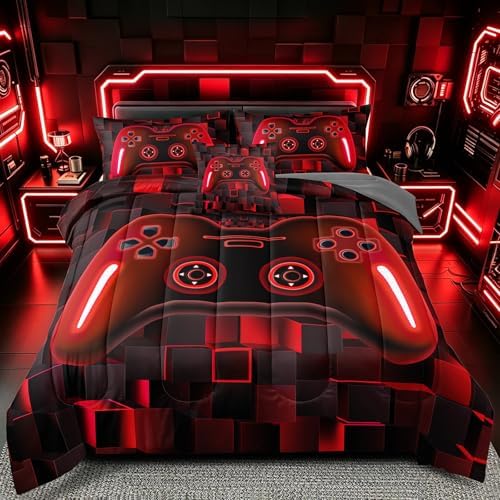 6 Pieces Kids Queen Size Gaming Comforter Set, Red 3D Game Controller Bed in a Bag with Sheets, All Season Gamer Bedding Room Decor for Boys Girls Teens Queen54