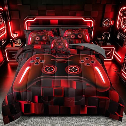 6 Pieces Kids Queen Size Gaming Comforter Set, Red 3D Game Controller Bed in a Bag with Sheets, All Season Gamer Bedding Room Decor for Boys Girls Teens Queen54