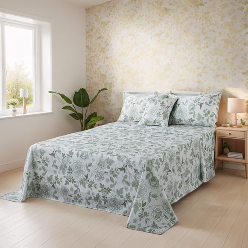 FADFAY Sheets Set Twin Vintage White and Green Floral Bedding Elegant Peony Sheets Set Shabby Rose Farmhouse Bedding 100% Egyptian Cotton 800 Thread Count Deep Pocket Fitted Sheet 4Pcs, Twin Size