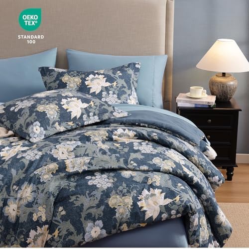 BLOOMHAVEN Queen Comforter Set-7 Pieces Blue Floral Bed in a Bag Queen