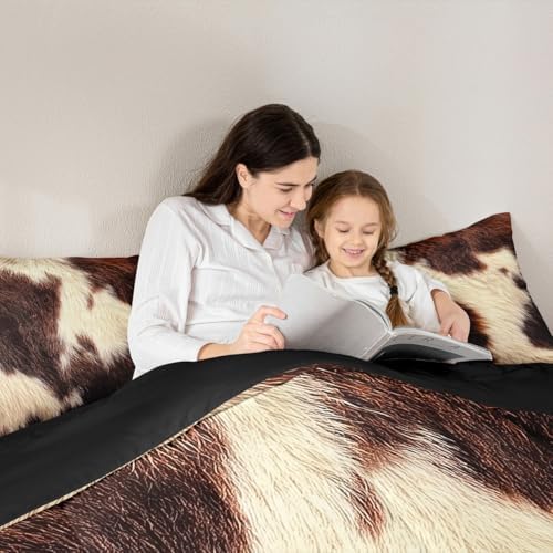 Cowhide Bedding Set Full,Brown Beige White Cow Print Comforter Set Western Farm Animal Fur Down Comforter for Kids Teens Men Women Rustic Cowboy Cowhide Quilt Duvet Set 2 Pillow Cases Bedroom Decor