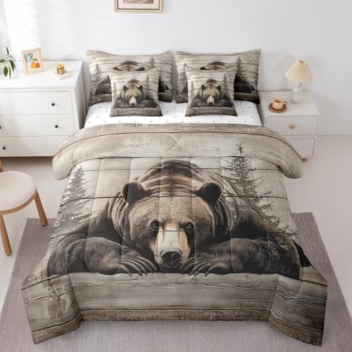 Erosebridal 7 Pcs Grizzly Bear Bedding Set Twin Hunting Bear Comforter Set for Kids Boys Girls Rustic Woodland Cabin Bed in a Bag Vintage Farmhouse Animal Sheet Set with Comforter Pine Tree Decor