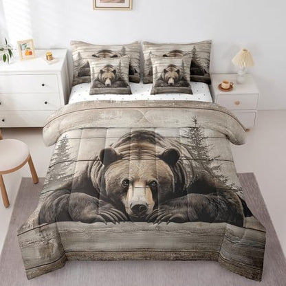 Erosebridal 7 Pcs Grizzly Bear Bedding Set Twin Hunting Bear Comforter Set for Kids Boys Girls Rustic Woodland Cabin Bed in a Bag Vintage Farmhouse Animal Sheet Set with Comforter Pine Tree Decor
