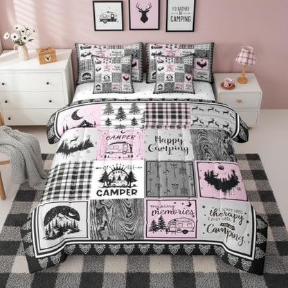 Erosebridal 7 Piece Rv Camper Full Comforter Set for Kids Girls,Happy Camping Bedding Set for Bunk Travel Trailers,Pink Buffalo Plaid Patchwork Bed Set with Sheets,Woodland Rustic Cabin Bed in a Bag