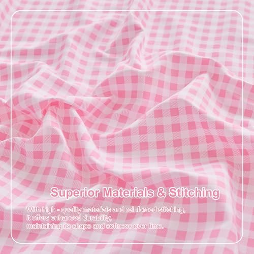 Gingham Twin Sheet Set, Lightweight Super Soft Brushed Microfiber Plaid Bed Sheets with 16" Deep Pocket, 3 Piece Ruffle Farmhouse Bedroom Decor, Pink