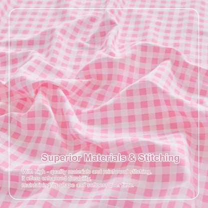 Gingham Twin Sheet Set, Lightweight Super Soft Brushed Microfiber Plaid Bed Sheets with 16" Deep Pocket, 3 Piece Ruffle Farmhouse Bedroom Decor, Pink