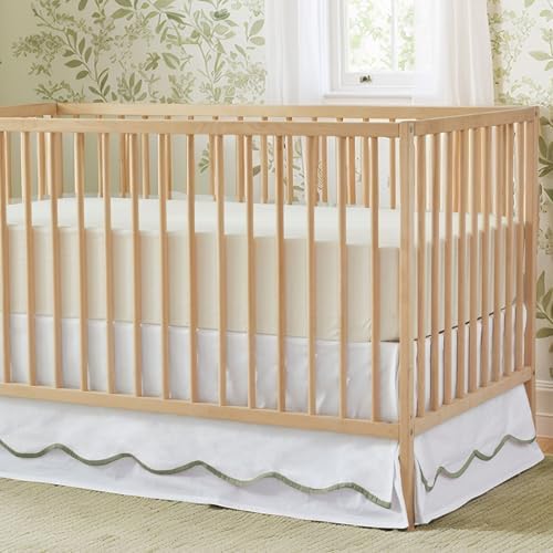 Brandream Scallop Edge Cotton Crib Skirt Toddler Bedskirt Baby Nursery Crib Bed Skirt Double Layer Boho Bohemian Neutral Solid Color Cream Off White with Sage Green Edge Farmhouse Chic Skirt