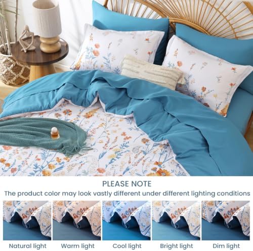 Teal Floral Comforter Set Full Size,7 Piece Cute Blue Bedding for Girls