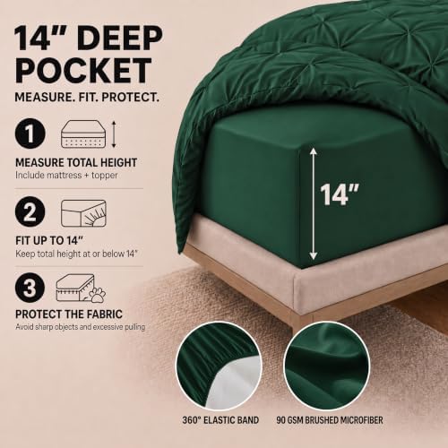 HIMEET Queen Comforter Set Emerald Green - 7 Pieces Pintuck Bed in a Bag