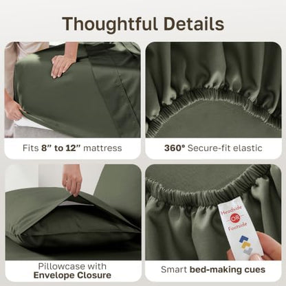Soft Natural 100% Cotton Sateen Twin Sheets Set, 3 Pc Set, Forest Green