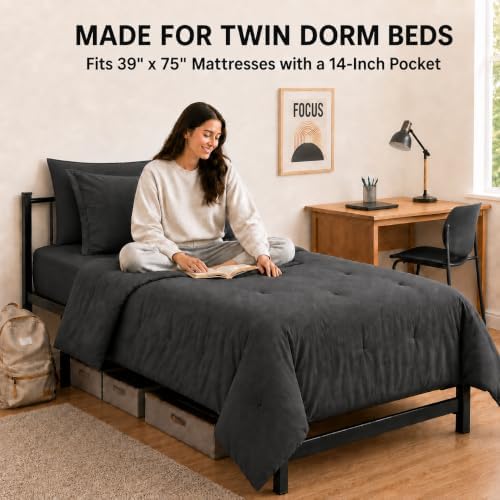 HIMEET Twin Comforter Sets, 5-Piece Point-Quilted Bed in a Bag, Dark Grey
