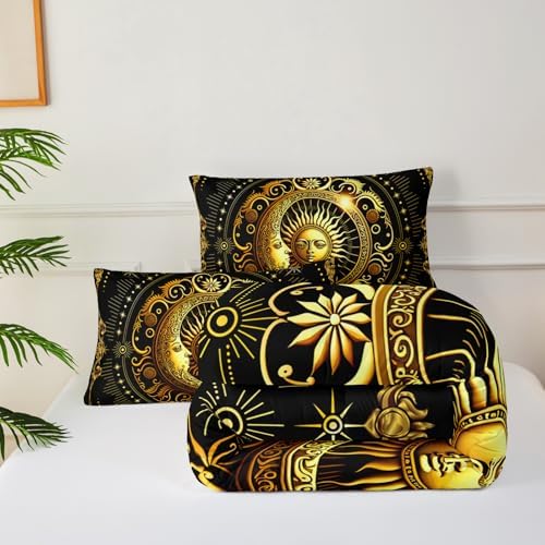 Black and Gold King Size Sun and Moon Comforter Set，Quilts King Size Bedding Sets Sun Moon，with 1 Comforter with 2 Pillow Case