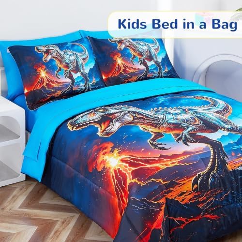 Viviland Kids Bedding Set Full Size Comforter Sets, Bed in Starry Dinosaur Cover Set for Children