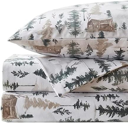 Flannel Sheets Warm and Cozy Deep Pocket Breathable All Season Bedding Set with Fitted, Flat and Pillowcases, Twin, Winter Cabin Lodge