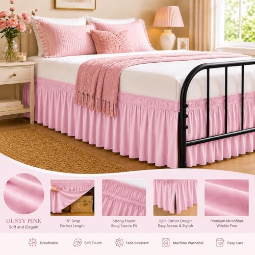 RIMELA Bed Skirt with Split Corners, Queen, 15 Inch Drop, Dusty Pink