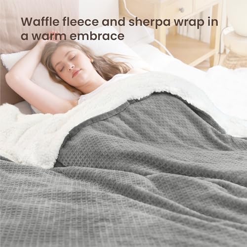 Heated Blanket Electric Blanket Full Waffle,72x84 Inches Sherpa Fleece Fast Heating Blanket 6 Heating Levels & 10 Hours Auto Off ETL Certification, Grey Full