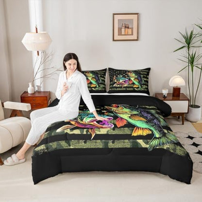 Castle Fairy Bass Fish Camouflage Comforter Set Twin,Pike Fish Camo Bedding Set for Women Men Room,Kids Farmhouse Fishing Decor Comforter Fishman Wild Quilt Set Down Comforter,Green Black