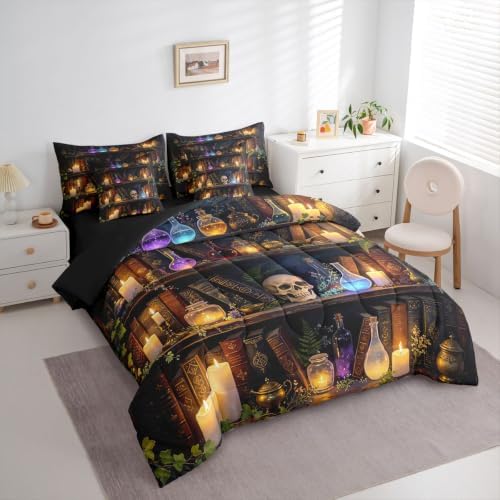 Erosebridal Gothic Bookshelf Skull 7 Pcs Bedding Set King Witchcraft Library Comforter Set with Sheets Mysterious Magic Bookcase Vintage Bed in a Bag Spooky Halloween Wizard Antique Bed Sets Comforter