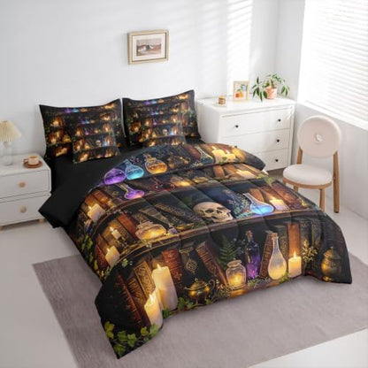 Erosebridal Gothic Bookshelf Skull 7 Pcs Bedding Set King Witchcraft Library Comforter Set with Sheets Mysterious Magic Bookcase Vintage Bed in a Bag Spooky Halloween Wizard Antique Bed Sets Comforter