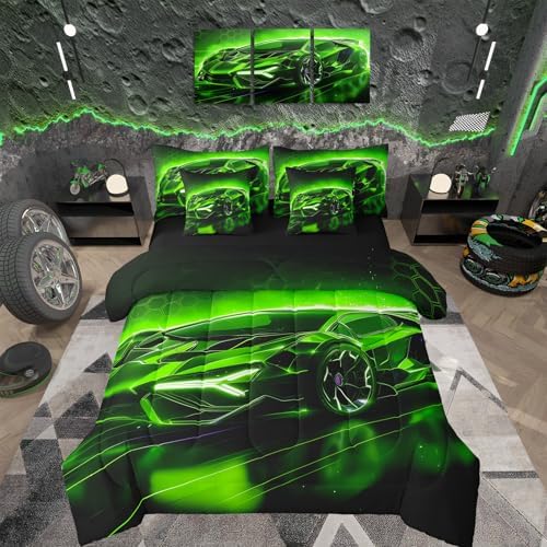 Feelyou Kids Boys Race Car 7 Piece Bedding Set Queen Size Green Sports Car Comforter Set with Sheets for Kids Teens Boys Girls Extreme Sports Theme Bed in a Bag Speed Luxury Car Bed Set