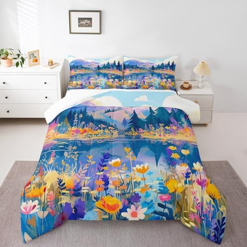 Blossom Flower Comforter Set Twin Size,Spring Nature Scenery Bedding Set for Kids Girls Women Room Decor,Lake Mountain Pine Tree Quilt Set 2Pcs,Colorful Floral Garden Duvet Insert,1 Pillowcase