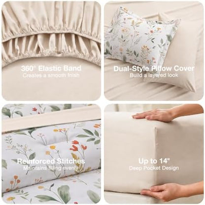 MUXHOMO Garden Leaves Bed in a Bag Queen 7 Pieces, Queen Comforter Set Reversible Botanical Flowers Design, Ultra Soft & Breathable Bedding Sets with Comforter, Sheets, Pillowcases & Shams
