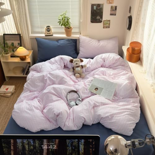 mixinni Pink White Striped Duvet Cover Full Size, 3-Piece Washed Microfiber Vintage Striped Bedding Set, Soft Aesthetic Stripe Pattern Duvet Cover with Zipper Closure & Corner Ties for Women Girls