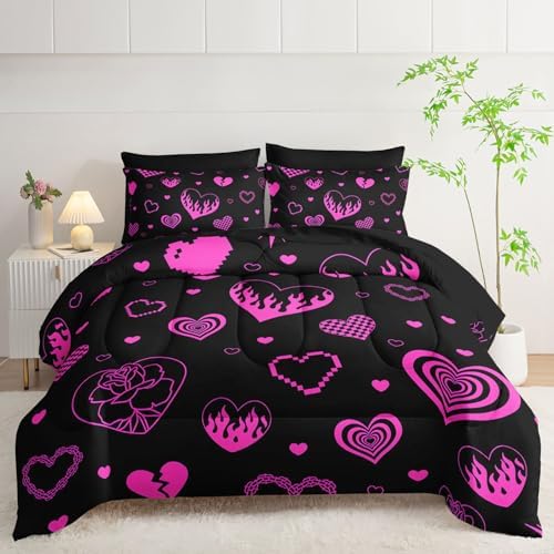 7Pcs Heart Comforter Set Pink Rose Printed Bedding Set with 1 Comforter, 1 Flat Sheet, 1 Fitted Sheet and 4 Pillowcases for Boys and Girls Bedroom All Season(Rose-2 King