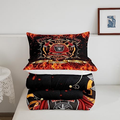 Castle Fairy Teens Firefighter Theme Comforter Set Full Size,Red Flame Bedding Set for Kids Boys Adult Bedroom Decoration,Fireman Sign Bed Duvet Insert,Red Fire Engine Comforter with 2 Pillowcase