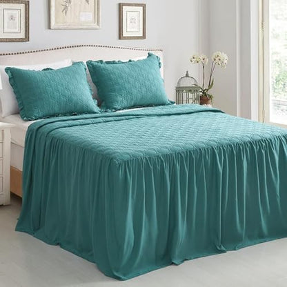 CHIXIN Ruffle Skirt Bedspread - 30" Long Drop, Shabby Chic Style Bedding, Lightweight, 3 Piece Set, King Size, Lagoon