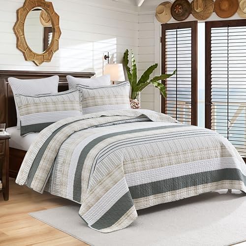 Homzard Quilts Queen Size - Cotton Queen Size Comforter Sets,Beige Grey Cotton Bedding,Striped Plaid Comforter Bedspread (90 * 98 Inches),3 Piece