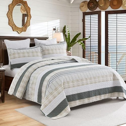 Homzard Quilts Queen Size - Cotton Queen Size Comforter Sets,Beige Grey Cotton Bedding,Striped Plaid Comforter Bedspread (90 * 98 Inches),3 Piece
