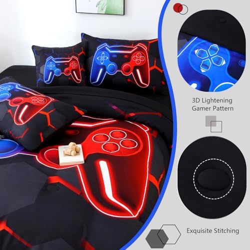 6 Pieces Full Size Kids Comforer Set for Boys Blue and Red Gaming Bedding Set 3D Honeycomb Gamer Bed in a Bag Game Console Printed Teen Boy Bed Comforter Sheet Set (Blue Red, Full)