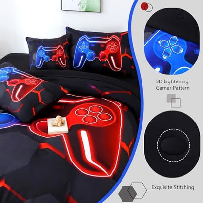 6 Pieces Full Size Kids Comforer Set for Boys Blue and Red Gaming Bedding Set 3D Honeycomb Gamer Bed in a Bag Game Console Printed Teen Boy Bed Comforter Sheet Set (Blue Red, Full)