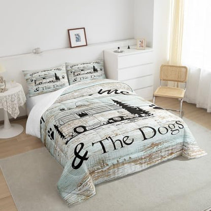 Manfei Happy Camping Comforter Set King Size, Camper Truck Bedding Set 3pcs for Kids Boy Girls Room Decor, Adventure Theme Dog Lover Quilt Set Rustic Farmhouse Duvet Set with 2 Pillowcases