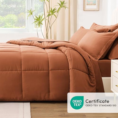 Love's cabin Twin Comforter Set Burnt Orange, 5 Pieces Twin Bed in a Bag, All Season Bedding Sets with 1 Comforter, 1 Flat Sheet, 1 Fitted Sheet, 1 Pillowcase and 1 Pillow Sham