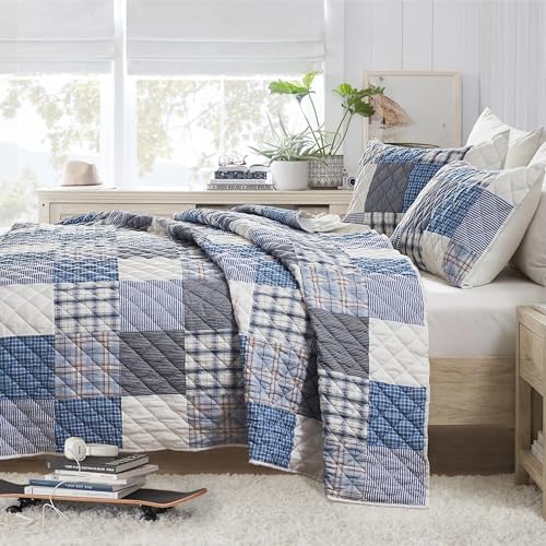 Wonderful - Real Patchwork Quilt Set Queen Size, 3 Piece Yarn-Dyed Cotton Face Plaid Bedding, Blue Modern Farmhouse Reversible Coverlet, 90"x90"