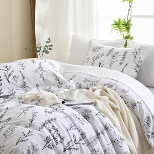 MUXHOMO White Bed in a Bag Queen 7 Pieces, Queen Comforter Set Reversible Botanical Flowers Design, Ultra Soft & Breathable Bedding Sets with Comforter, Sheets, Pillowcases & Shams