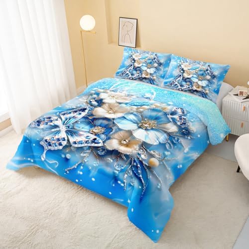 QOOMO Blue Butterfly Kids Comforter Set Twin Size