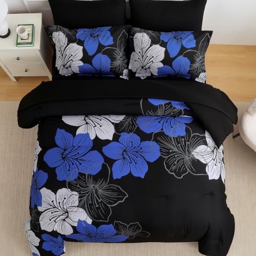 Blue King Size Comforter Set, 7 Pieces Floral on Black Bed in a Bag