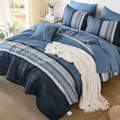 Navy Blue Queen Comforter Size Set, 8 Pieces Striped Texture Bed in a Bag Bedding Sets, Lightweight Soft Comforter and Sheet Set, All Season Microfiber Teen Boys Bedding Sets for Men Women