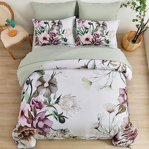 Luxudecor Floral Comforter Set Full Size 7 Piece, Green Flower Bed in a Bag, Elegant Floral Comforter with Sheet Set, Soft Microfiber Bedding Set for All Season (Green, 80"x90")
