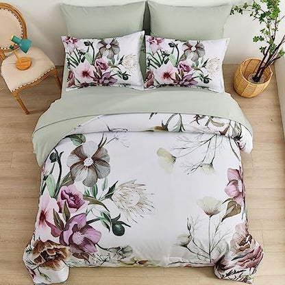 Luxudecor Floral Comforter Set Twin Size 5 Piece, Green Flower Bed in a Bag, Elegant Floral Comforter with Sheet Set, Soft Microfiber Bedding Set for All Season (Green, 68"x86")