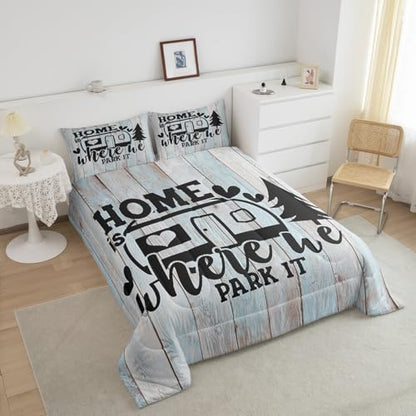 Farmhouse Rustic Camping King Size Comforter Set,Funny Home Where We Park It Bedding Set with 2 Pillowcases,Explore Camper Gifts RV Life Breathable Durable Inner Fill Polyester Bedspread