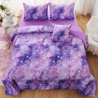 JQinHome Twin Gradient Galaxy Comforter Set for Girls,6 Piece Bed in A Bag 3D Colorful Tie Dye Constellation Print Ombre Bedding Set (Purple)