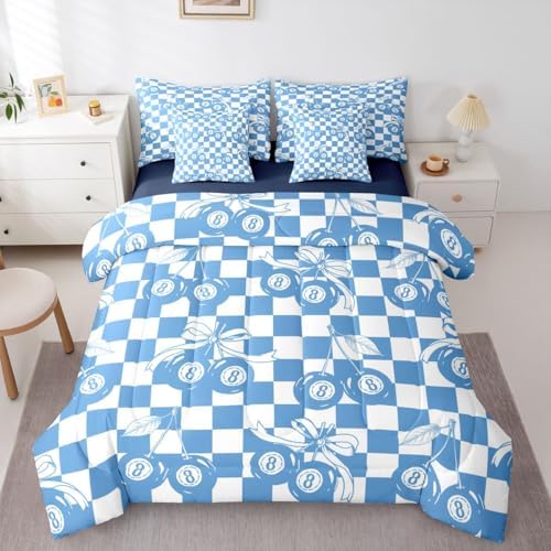 Erosebridal Blue Cheery Bow Full Bedding Set 7 Piece for Boys Girls Y2K Trendy Lucky 8 Ball Comforter Set for Kids Teen Adults,Preppy Fashion Checkered Geometric Bed in A Bag Funky Y2K Bed Set