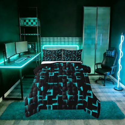 Erosebridal Neon Black Teal Boys Comforter Set King Geometric Checkered Turquoise Bedding Set for Kids Teen Men Gaming Room Decor,Abstract Ombre Plaid Comforter Grids Quilt Duvet